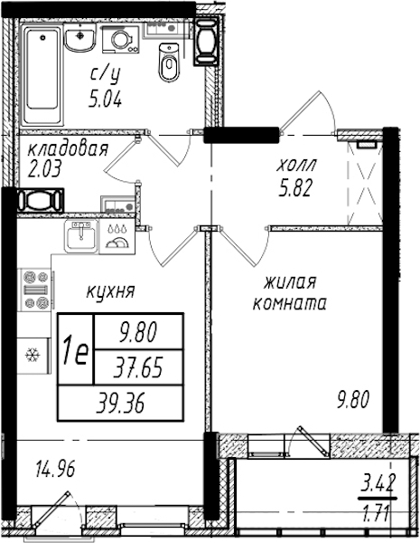 1-комнатная квартира 39.36 м², 8/25 эт., ЖК «Северная Долина»